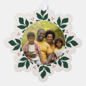 スノーフレークグリーンリーフレームホリデーフォト オーナメントカード (正面)