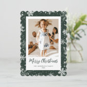 スノーフレークグリーン写真メリークリスマスカード シーズンカード (スタンド正面)