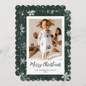 スノーフレークグリーン写真メリークリスマスカード シーズンカード (正面/裏面)