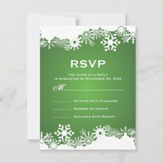 スノーフレークグリーン白い冬の結婚式RSVP 出欠カード (正面)