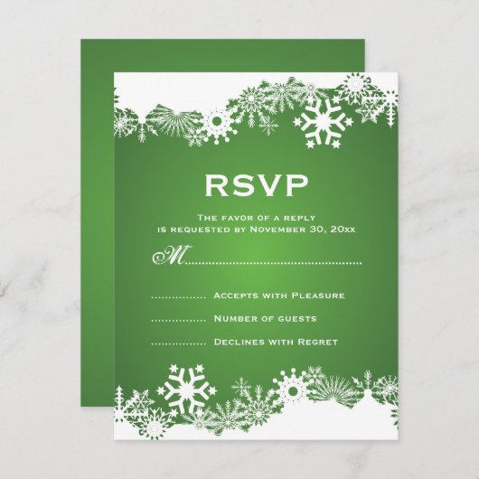 スノーフレークグリーン白い冬の結婚式RSVP 出欠カード (正面/裏面)