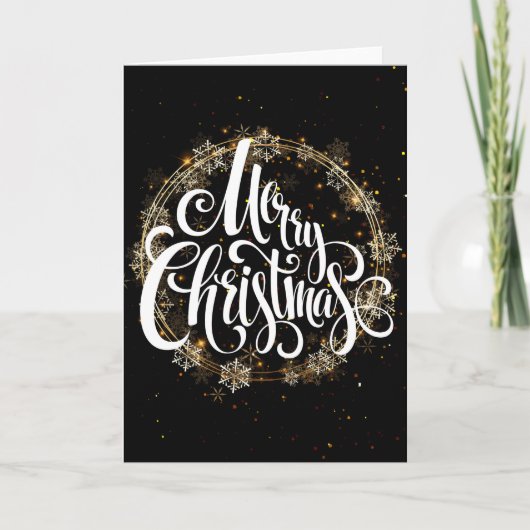 スノーフレークゴールデンリース – ホワイトメリークリスマス カード (正面)