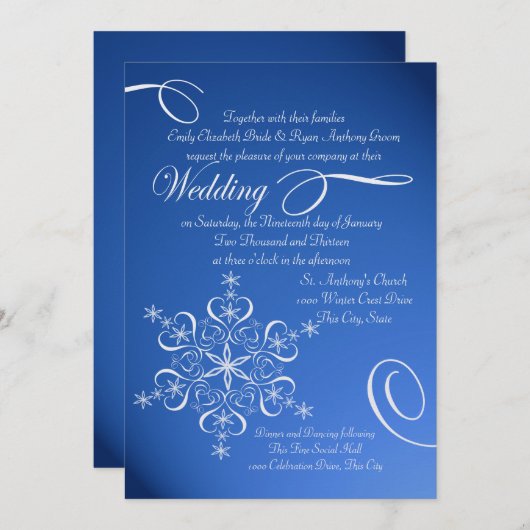 スノーフレークサファイアブルーウィンターウェディング 招待状 (正面/裏面)