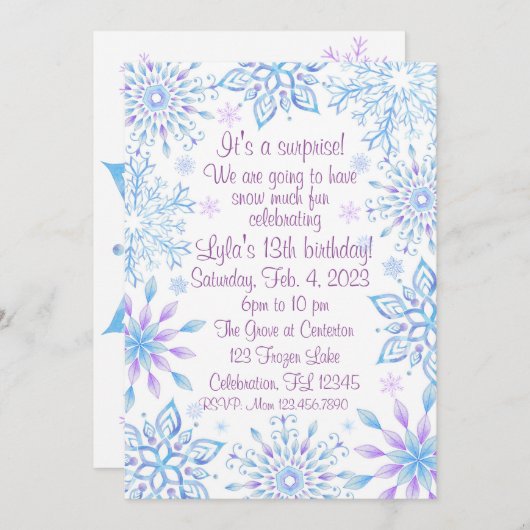 スノーフレークサプライズスノーモアおもしろい誕生日 招待状 (正面/裏面)