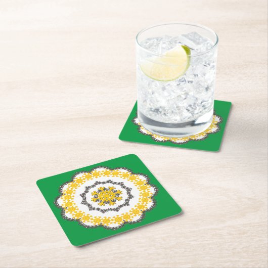 スノーフレークサークルホリデーレイシー金ゴールドオンダックグリーン スクエアペーパーコースター (インサイチュ)