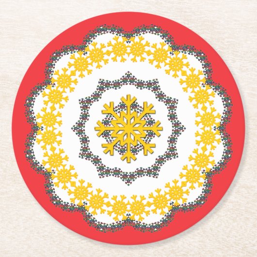 スノーフレークサークルホリデーレイシー金ゴールドオンレッド ラウンドペーパーコースター (正面)