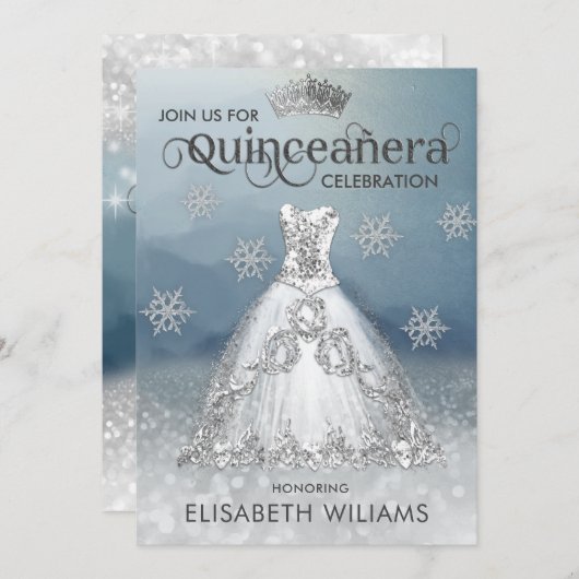 スノーフレークシルバードレスティアラグラデーションキンセアニラ 招待状 (正面/裏面)