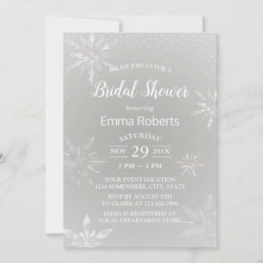 スノーフレークスウィンターウェディングブライダルシャワー 招待状 (正面)