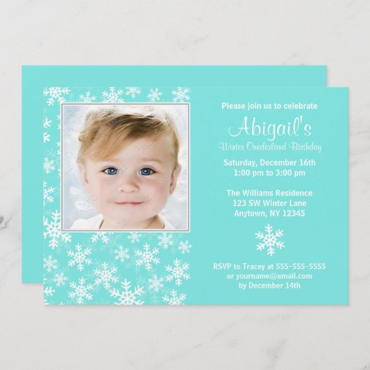 スノーフレークスウィンターオンダーランドアクアフォト誕生日 招待状 (正面/裏面)