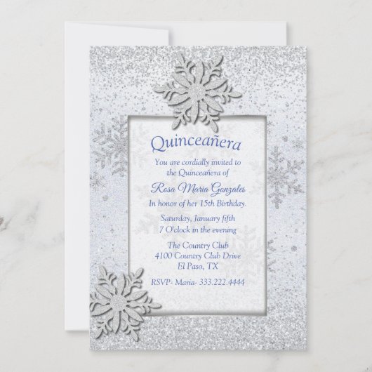 スノーフレークスウィンターキンセアニラスウィート16 招待状 (正面)