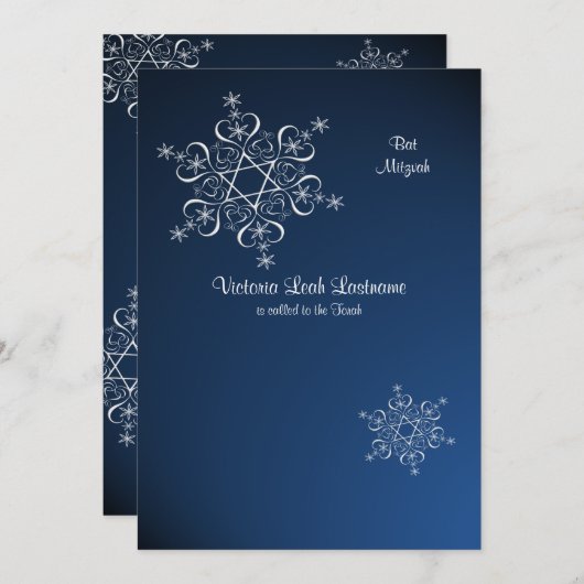 スノーフレークスウィンターバルミツワーブルー 招待状 (正面/裏面)