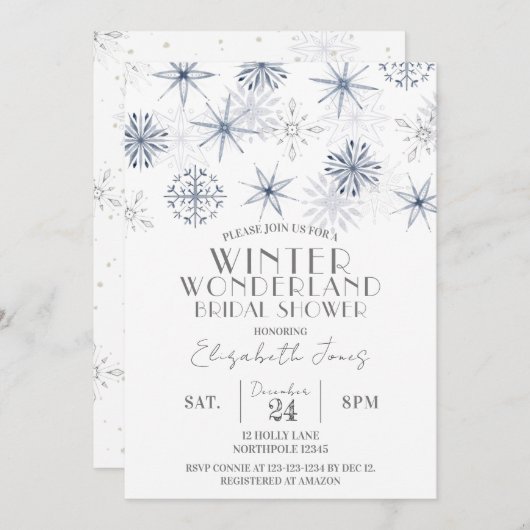スノーフレークスウィンターワンダーランドブライダルシャワー 招待状 (正面/裏面)