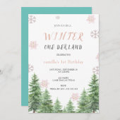 スノーフレークスウィンターワンダーランド1歳の誕生日パーティー 招待状 (正面/裏面)