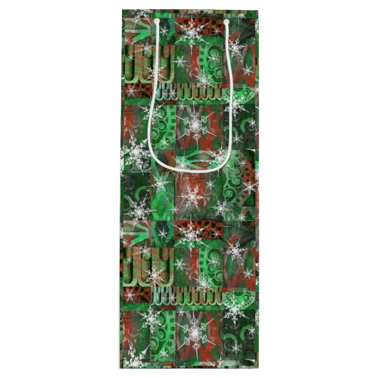 スノーフレークスオンレッドグリーンホリデーワインバッグ ワインギフトバッグ (正面)