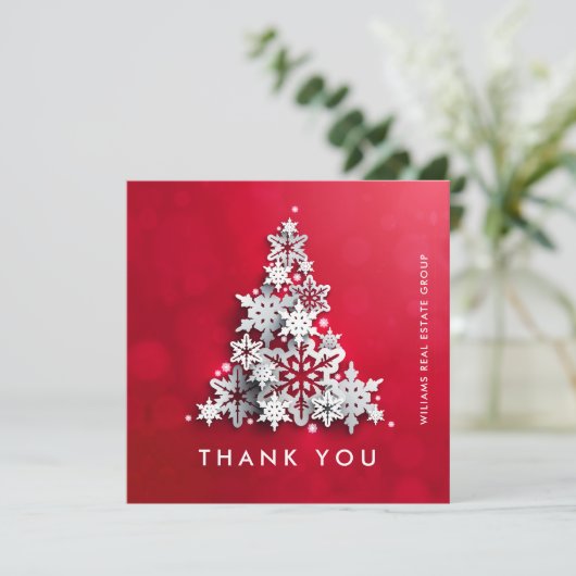 スノーフレークスクリスマスツリー企業のホリデー サンキューカード (スタンド正面)
