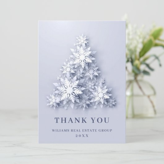 スノーフレークスクリスマスツリー企業のホリデー サンキューカード (スタンド正面)