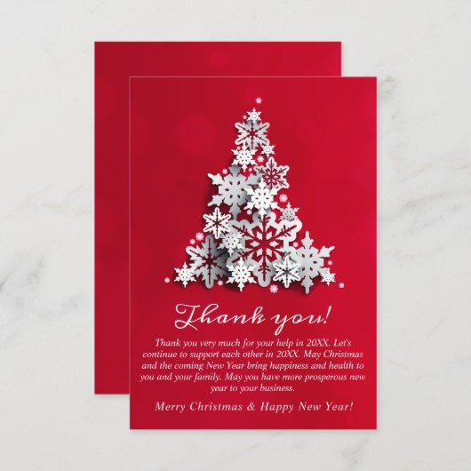 スノーフレークスクリスマスツリー企業のホリデー サンキューカード (正面/裏面)