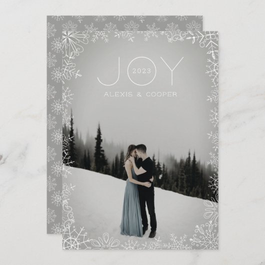 スノーフレークスケッチフレームホワイトホリデーカード シーズンカード (正面/裏面)