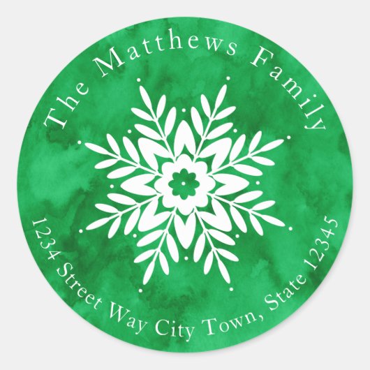 スノーフレークスケッチ2とグリーンウォーターの色ラベル ラウンドシール (正面)