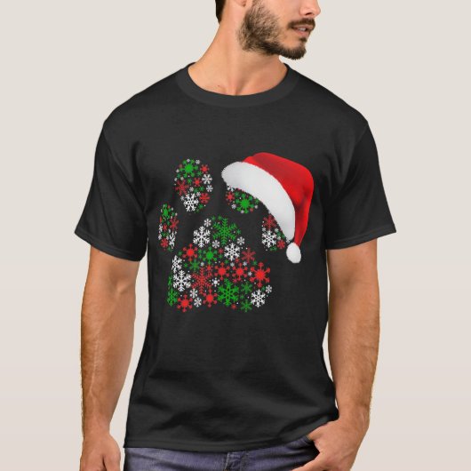 スノーフレークスドッグポーサンタハットクリスマス愛犬家 Tシャツ (正面)