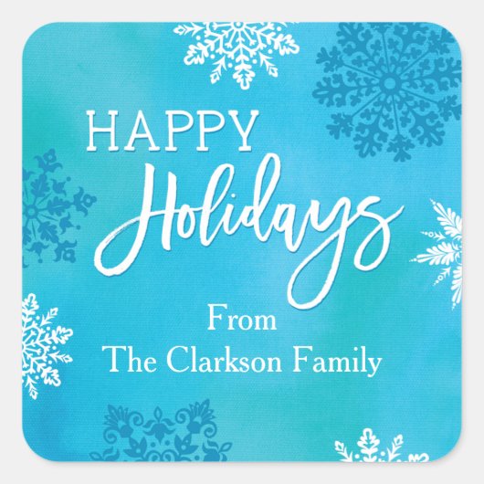 スノーフレークスハッピーホリデーズステッカー スクエアシール (正面)