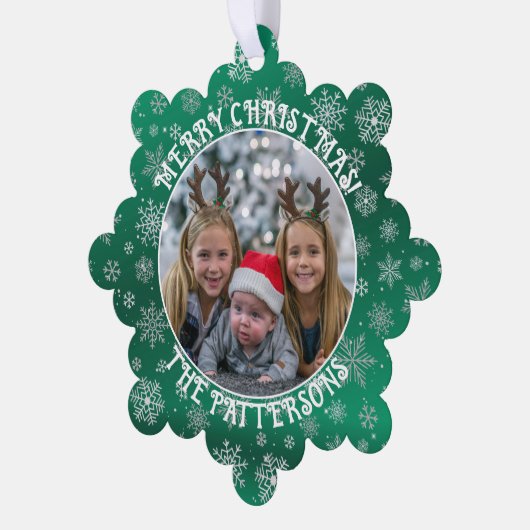 スノーフレークスファミリーフォトグリーン紙オーナメントカード オーナメントカード (左)