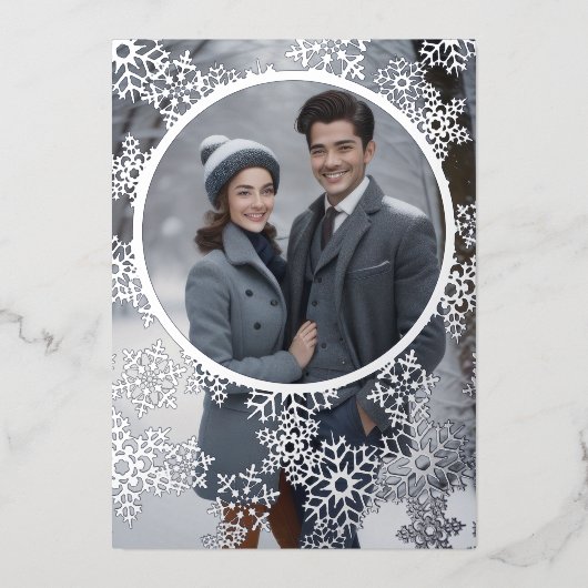 スノーフレークスフレームとフォトフォイルのホリデーカード 箔シーズンカード (正面)