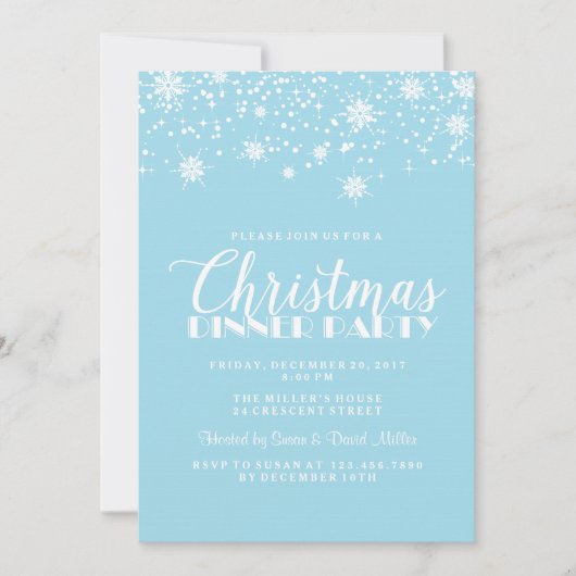 スノーフレークスブルーとホワイトクリスマスディナーパーティー 招待状 (正面)