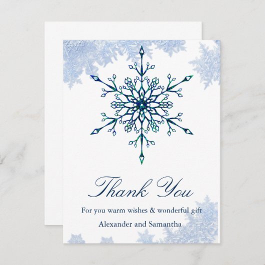 スノーフレークスブルーウィンタースノーフレークサンキューカード (正面/裏面)