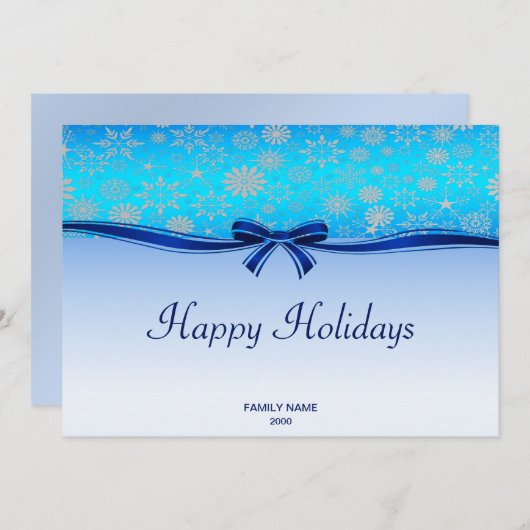 スノーフレークスブルーリボンホリデークリスマスカード シーズンカード (正面/裏面)