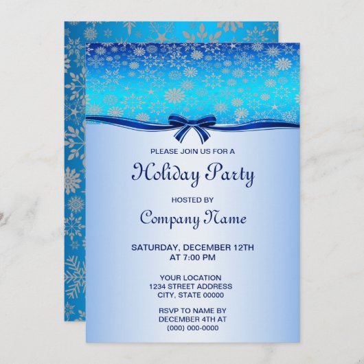 スノーフレークスブルーリボンホリデー招待状 招待状 (正面/裏面)