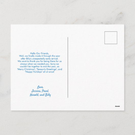 スノーフレークスブルー男の赤ちゃんフォト初めてのクリスマス シーズンポストカード (裏面)