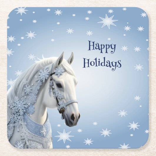 スノーフレークスホースホリデークリスマス紙コースター スクエアペーパーコースター (正面)