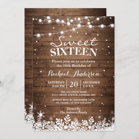 スノーフレークスライトウィンタースウィート16バースデーパーティー 招待状 (正面/裏面)