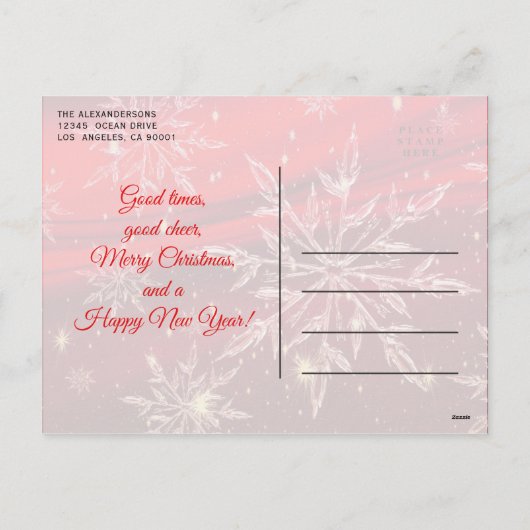 スノーフレークスレッドクリスマス恵みファミリー写真 シーズンポストカード (裏面)