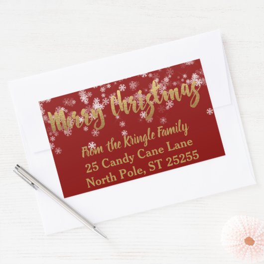 スノーフレークスレッド金ゴールドメリークリスマス差出人住所 長方形シール (封筒)