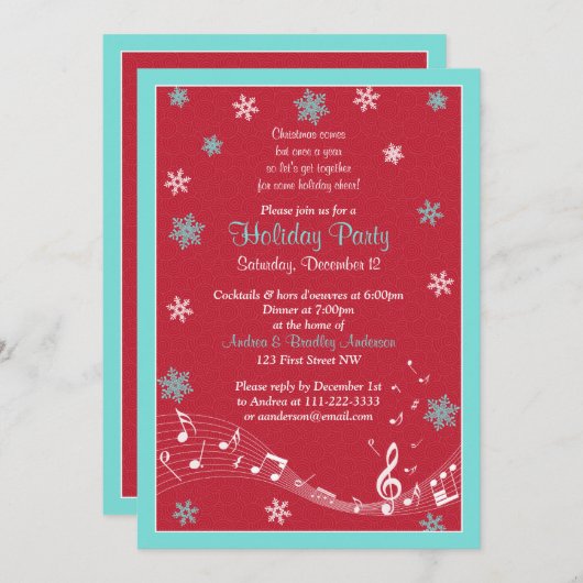スノーフレークターコイズレッドホワイトクリスマスホリデー 招待状 (正面/裏面)