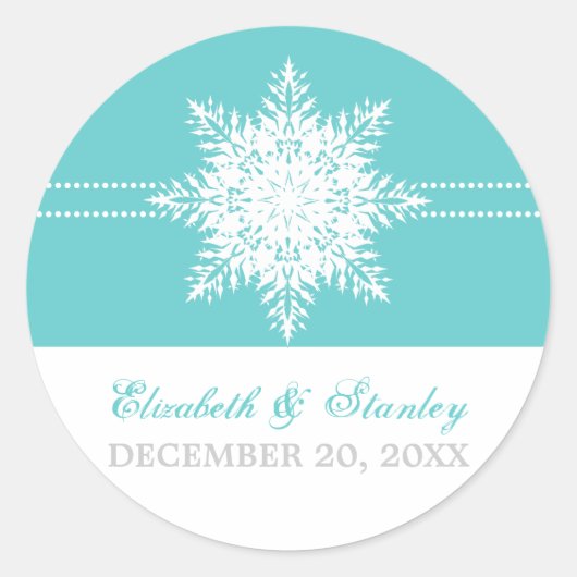 スノーフレークターコイズ冬の結婚式の日付を保存 ラウンドシール (正面)