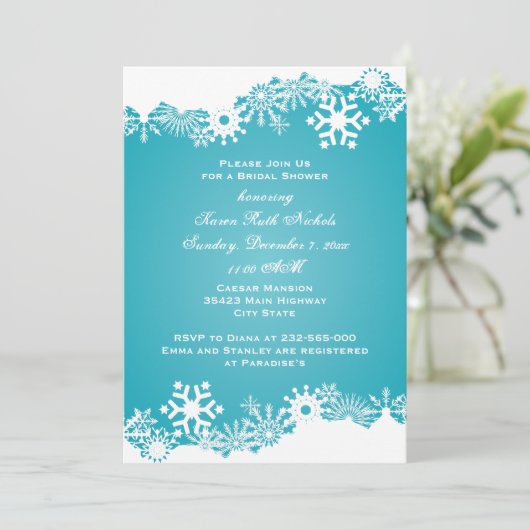 スノーフレークターコイズ冬季ウェディングブライダルシャワー 招待状 (スタンド正面)