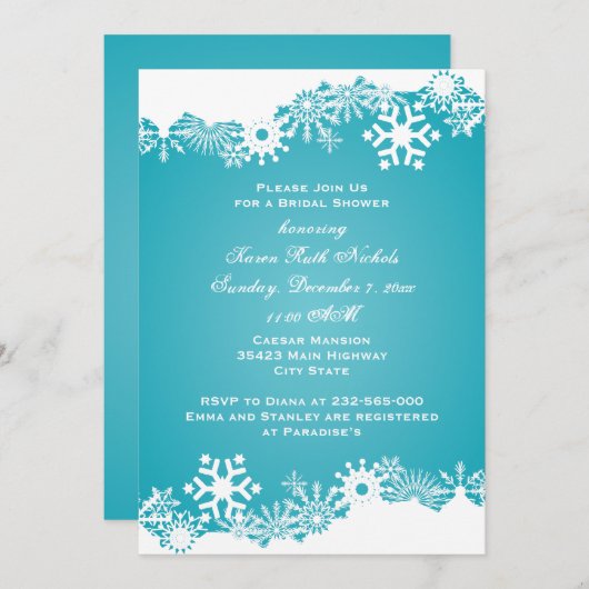 スノーフレークターコイズ冬季ウェディングブライダルシャワー 招待状 (正面/裏面)