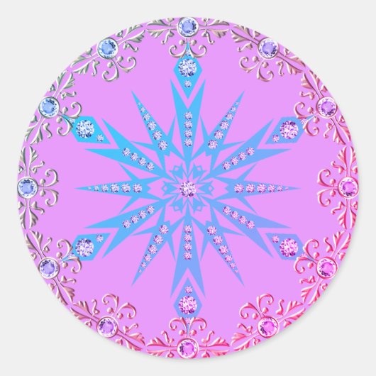 スノーフレークダイヤモンドレトロパープルブルーミッドセンチュリー ラウンドシール (正面)