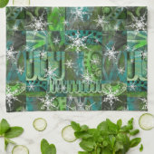 スノーフレークティール（緑がかった色）&グリーンホリデーキッチンタオル キッチンタオル (折り畳み)