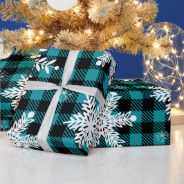 スノーフレークティール（緑がかった色）ブラックプレイドラッピング紙 ラッピングペーパー