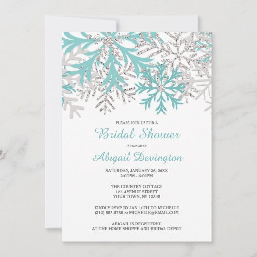 スノーフレークティール（緑がかった色）ブルーシルバーウィンターブライダルシャワー 招待状 (正面)