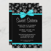 スノーフレークティール（緑がかった色）ボウウィンターワンダーランドスウィート16 招待状 (正面/裏面)