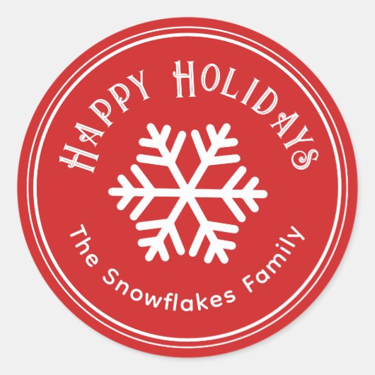 スノーフレークハッピーホリデーズレッドステッカー ラウンドシール (正面)