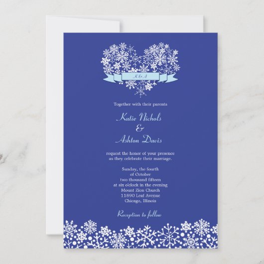 スノーフレークハートウィンターウェディング招待状 招待状 (正面)
