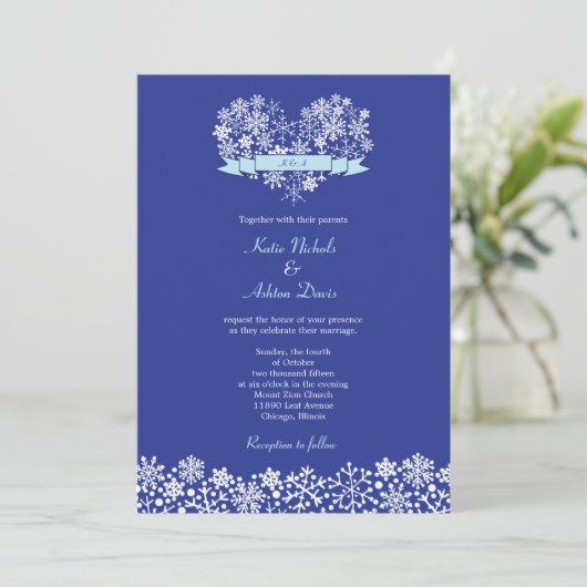 スノーフレークハートウィンターウェディング招待状 招待状 (スタンド正面)