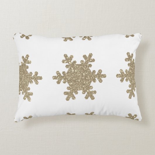 スノーフレークパターン金ゴールドグリッターホワイトクリスマス アクセントクッション (正面)