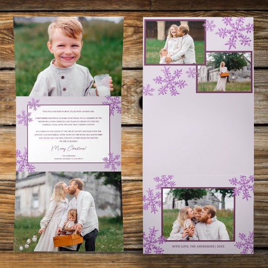 スノーフレークパープルグエレガントラム5フォトコラージュ 三つ折りクリスマスカード